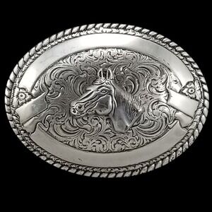 Crumrine Oval Silver Tone Horse Western Cowboy‎ Belt Buckle Ornate Scrollwork